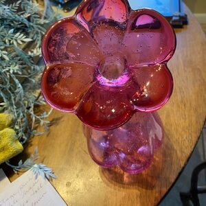 Gorgeous vintage pink bubble vase. 6 1/2”. Hand blown. Polished pontil.